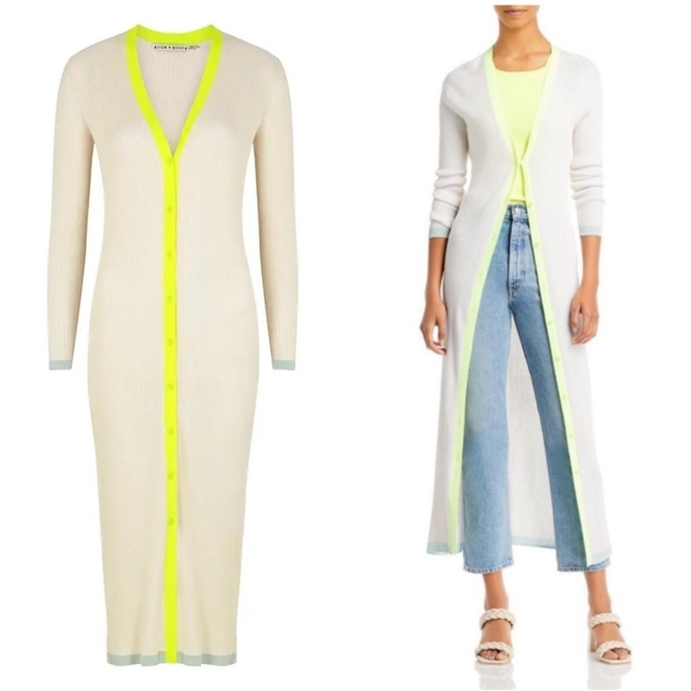 ALICE OLIVIA Rib Knit Button Front Y2K Slim Cardigan Duster Sweater Dress Small - Picture 10 of 12